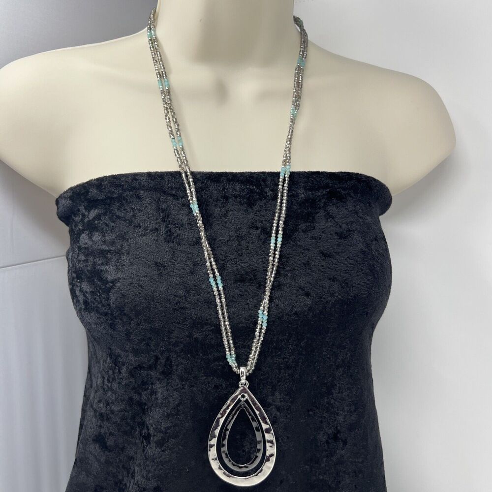 Long Chico’s Silver, Gun Metal, Heal, Aqua Sea Blue Sparkle Faceted Glass Beads